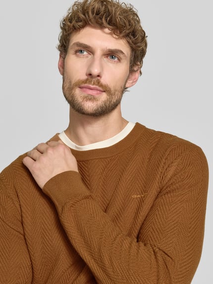 Männermodel trägt Regular Fit Pullover aus Baumwoll-Woll-Mix von GANT in warmem Braun mit feiner Struktur, Nahaufnahme Oberkörper.