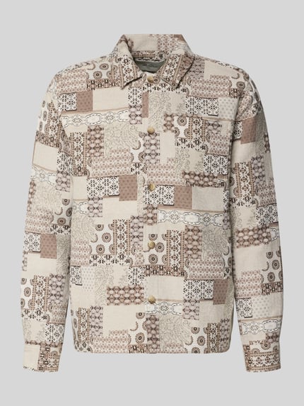 Produktfoto, Regular Fit Overshirt mit Kentkragen Modell 'Layton' von Les Deux aus Baumwoll-Mix in Beige und Braun mit Patchwork-Muster.