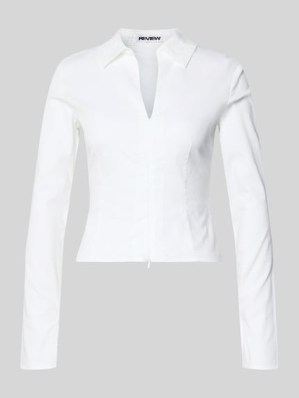 Productfoto, Schmal geschnittene Bluse mit Zweiwege-Reißverschluss van Review in wit, slim fit, katoen-elastaan mix, V-hals, lange mouwen