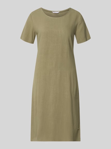 Productfoto, Relaxed Fit jurk uit viscosemix model 'Tara' van ZABAIONE, damesjurk met linnen en viscose, ronde hals, met korte mouwen, kleur olijfgroen, zachte textuur, ruglengte maat S 96 cm, borstwijdte 49 cm, mouwlengte 21 cm