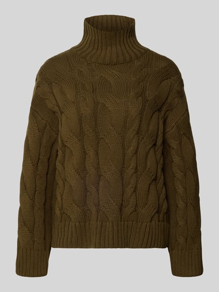 Produktfoto, Strickpullover mit Zopfmuster und Stehkragen von Gina Tricot im Baumwoll-Mix, Regular Fit, olivgrün, strukturierte Oberfläche