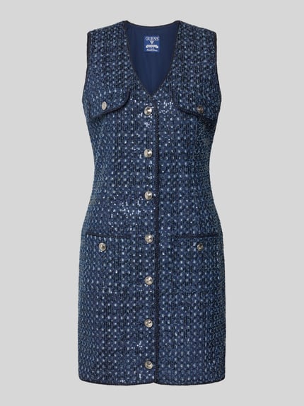 Produktfoto, Minikleid mit Allover-Pailettenbesatz Modell 'Gabriela' von Guess, taillierte Passform, V-Ausschnitt, ärmelloses Design, durchgängige Knopfleiste, Brusttaschen, Eingrifftaschen, Bordüre in Flecht-Optik, Intensiv blaue, schimmernde Oberfläche mit strukturierter Textur