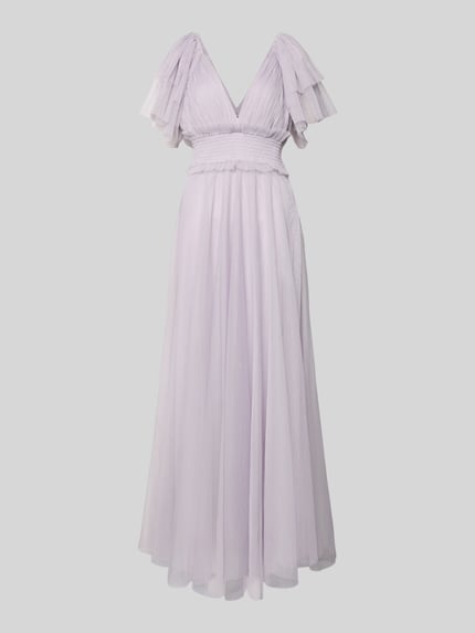 Produktfoto, Abendkleid mit Volants van Lace & Beads, lila tule, materiaalmix, getailleerd model, maxi-jurk, diepe V-hals, laagjeslook, onderrok, ritssluiting, rugdecolleté, maat S: ruglengte 128 cm, borstwijdte 28 cm, mouwlengte 29 cm.