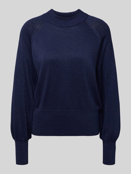 Produktfoto, Gebreide pullover van viscosemix, regular fit, opstaande kraag, model 'MOBBE' van B.Young, marineblauw, fijne textuur.