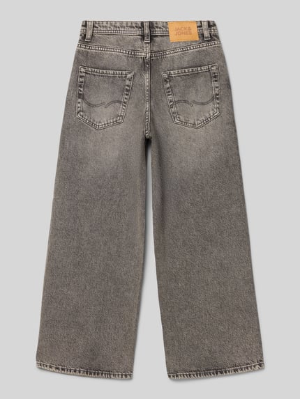 Produktfoto, Wide Fit Jeans met logo-patch Model 'Dave' van JACK & JONES voor kinderen, puur katoen, 5-pocketmodel, knoop- en ritssluiting, bandwijdte maat 140: 33 cm, binnenbeenlengte maat 140: 61 cm, grijs met lichte wassing, rechte pijpen, grove denimstructuur
