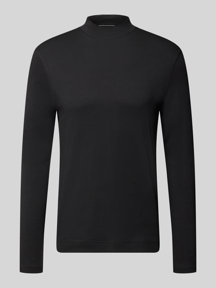 Produktfoto, Regular Fit Longsleeve aus reiner Baumwolle mit Stehkragen von Christian Berg Men, glattes schwarzes Material, elastische Abschlüsse