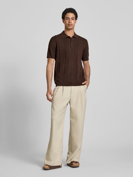 Redefined Rebel Slim Fit Strick-Poloshirt mit Zopfmuster Modell 'Miller' Dunkelbraun 1