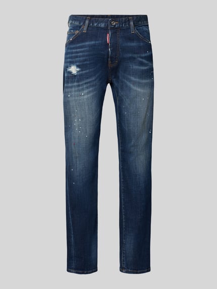 Produktfoto, Straight Fit Jeans aus Baumwoll-Mix Modell 'Teddy' van Dsquared2 in donkerblauw met destroyed-look, 5-pocket-design, herenjeans, context: katoen-elastaanmix, knoop- en ritssluiting, taillewijdte 46 cm, binnenbeenlengte 85 cm