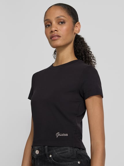 GUESS T-shirt z detalem z logo Czarny 3