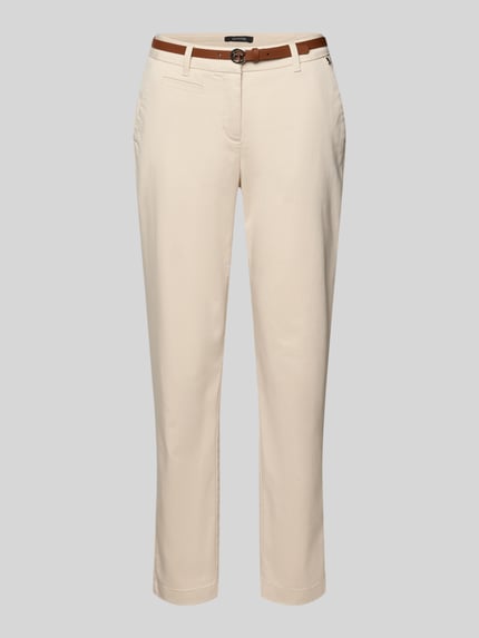 Produktfoto, Chino mit Gürtel van Comma, dames chino van katoenmix met stretch, recht model, effen design, haakjes- en ritssluiting, riem, zijsteekzakken, labeldetails, strookzakken achter, bandwijdte maat 36: 38 cm, binnenbeenlengte maat 36: 72 cm.