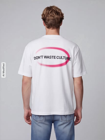 Männermodel trägt weißes Oversized T-Shirt aus Baumwoll-Mix Modell 'LIRA' von Don´t Waste Culture mit schwarzem Print und pinkem Akzent, Ganzkörperansicht Rückansicht, KI-modifiziertes Bild.