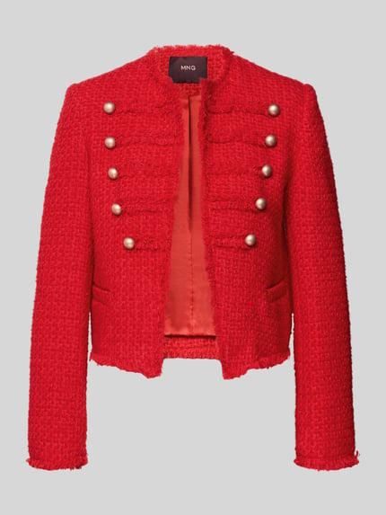 Produktfoto, leuchtend roter Blazer in Bouclé-Optik Modell 'CAROLINA' von MANGO, Baumwoll-Mix, silberne Zierknöpfe, Fransensaum