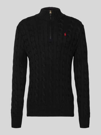 Produktfoto, Regular Fit Troyer aus reiner Baumwolle von Polo Ralph Lauren mit Optik: Unifarben, Strickoptik, Zopfmuster, Label-Stitching, Logo-Detail, Troyer-Kragen, kurzem Reißverschluss, Langarm, gerippten Abschlüssen, Materialverarbeitung Strick, reine Baumwolle.