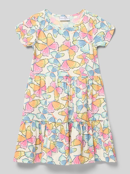 Produktfoto, kolorowy 'Kleid im Stufen-Look mit Rundhalsausschnitt' od Happy Girls z bawełny i elastanu, fason A-linia, wzór allover, długość tyłu w rozmiarze 116: 62 cm