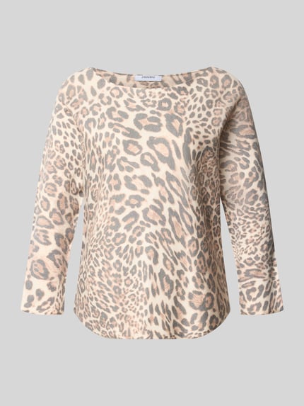 Produktfoto, T-Shirt aus Viskose-Mix mit Strukturmuster Modell 'Samara' von ZABAIONE, beige-braunes Leopardenmuster, Regular Fit, 3/4-Arm, U-Boot-Ausschnitt, abgerundeter Saum, Damen T-Shirt