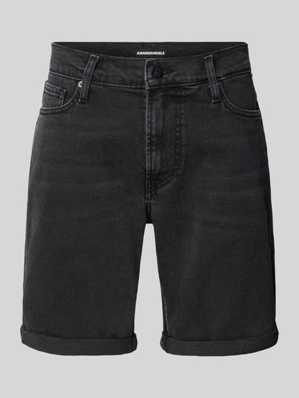Produktfoto, Slim Fit Jeansshorts aus Baumwoll-Mix Modell 'NAAILO' van Armedangels in zwarte denimlook met labelpatch, riemlussen, knoop- en ritssluiting, pijpboorden met omslag, 5-pocketmodel, katoenmix.