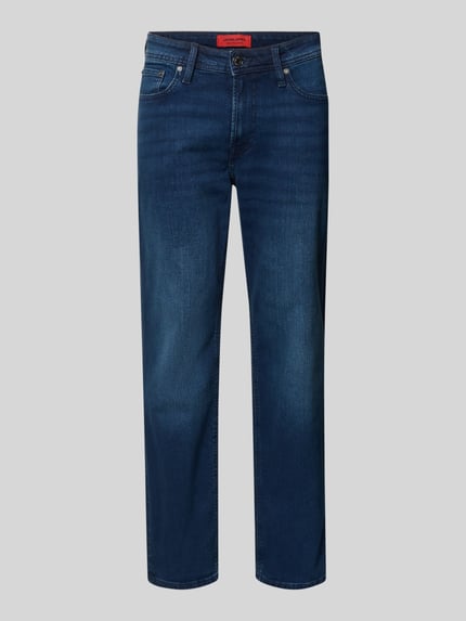 Produktfoto, Straight Fit Jeans aus Baumwoll-Mix Modell 'CLARK ORIGINAL' von JACK & JONES, mieszanka bawełny i elastanu, 5 kieszeni, zapięcie na guzik i zamek błyskawiczny, szerokość w rozmiarze 32/32: 43 cm, długość wewnętrzna nogawki: 75 cm, kolor ciemnoniebieski, wyraźna faktura denimu
