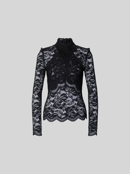 Produktfoto, Slim Fit Bluse aus Spitze von Rabanne, czarna elastyczna mieszanka materiałów, krój slim fit, stójka, długie rękawy, długość tyłu w rozmiarze S/M: 62 cm