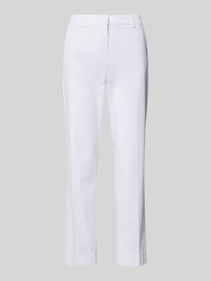 Produktfoto, weiße Damen Hose von Cambio aus Baumwoll-Elasthan-Mix, Modell 'KIANA' mit Gesäßtaschen, Verkürzte Passform, Innenbeinlänge 69 cm, Bundweite 36 cm bei Größe 36.