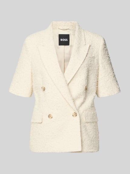Productfoto, Regular Fit Blazer uit katoenmix model 'JALETO11' van BOSS, effen, korte mouwen, dubbele knoopsluiting, klepzakken, opstaande reverskraag, beige kleur, lichte structuur, dames blazer