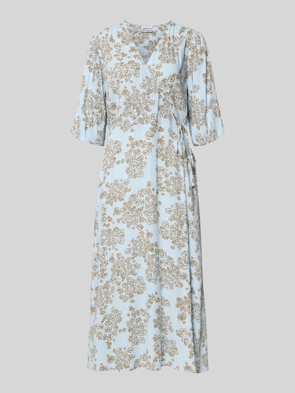 Produktfoto, Midikleid aus Viskose in Wickel-Optik mit 1/2-Arm von JAKE*S STUDIO WOMAN, jasnobłękitny z beżowym wzorem, taliowany krój, dekolt w serek, kopertowy styl, rękaw o dł. 1/2, długość tyłu w rozmiarze 36: 124 cm, szerokość w rozmiarze 36: 55 cm, długość rękawów w rozmiarze 36: 41 cm