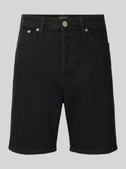 Produktfoto, Relaxed Fit Jeansshorts Modell 'TONY' von Jack & Jones aus schwarzem Baumwoll-Elasthan-Mix, Eingrifftaschen, Bundweite 42 cm, Innenbeinlänge 21 cm.