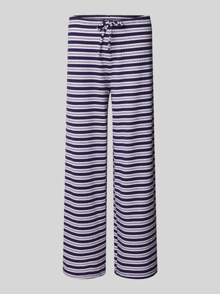 Produktfoto, Hose im Allover-Look mit Tunnelzug von Gina Tricot aus blau-weiß gestreiftem Material-Mix mit Viskose-Anteil, Wide Leg, elastischer Bund, Bundweite 40 cm, Innenbeinlänge 72 cm, Damen
