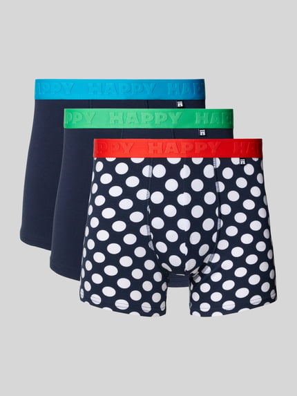 Produktfoto, Trunks mit elastischem Bund im 3er-Pack von Happy Socks aus Baumwoll-Elasthan-Mix, körpernahe Passform, blaue und weiß gepunktete Muster