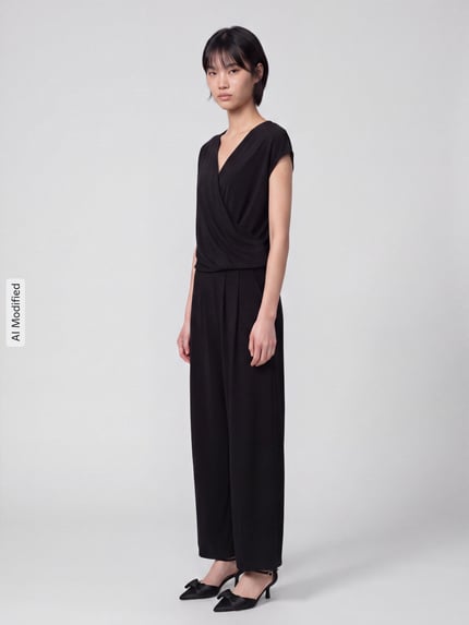 Vrouwenmodel draagt zwarte Regular Fit jumpsuit met zij-steekzakken model 's.NOS' van ROBE LÉGÈRE, dames, vooraanzicht, KI-modified beeld.