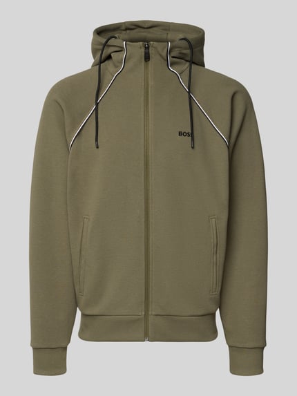 Produktfoto, Regular Fit Sweatjacke aus Baumwoll-Mix von BOSS Green in Optik: Unifarben mit Kontraststreifen, Reißverschluss, Kapuze mit Tunnelzug, seitliche Eingrifftaschen und Piqué-Struktur