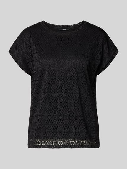 Produktfoto, Regular Fit T-Shirt in Ajour-Strickoptik Modell 'MAYA' von Vero Moda, Damen T-Shirt, schwarze Farbe, Rundhals, Kurzarm, feine Musterstruktur