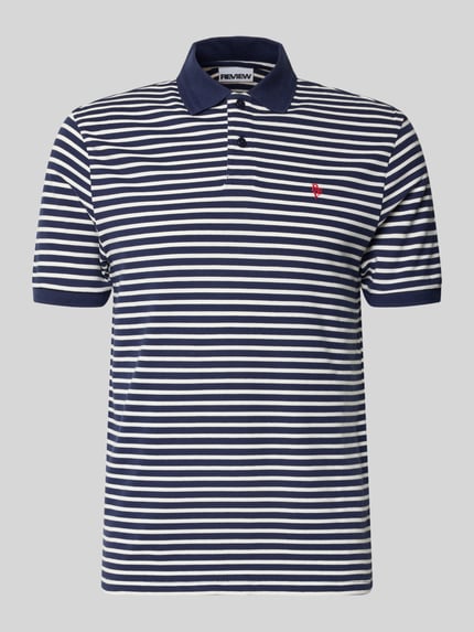 Produktfoto, Slim Fit Poloshirt mit Logo-Stitching von REVIEW aus Reine Baumwolle, Polokragen, kurzärmelig, gestreiftes Design