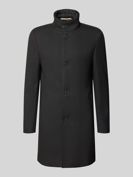 Produktfoto, schwarzer Slim Fit Mantel mit Viskose-Anteil Modell 'H-Hyde-SU' von BOSS, glatte Struktur, klassische Knopfleiste, Herren Mantel