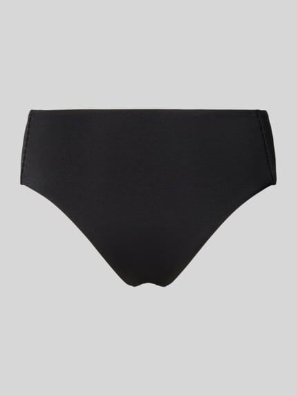 Produktfoto, Bikinihose mit elastischem Bund und Label-Detail von WATERCULT, schwarzer Material-Mix mit Stretch-Anteil, körpernahe Passform