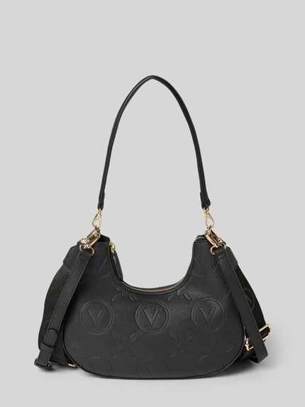 Produktfoto, schwarze Shoulder Bag mit Allover-Logo-Prägung Modell 'Samba' von VALENTINO BAGS, goldfarbene Details, strukturierte Oberfläche