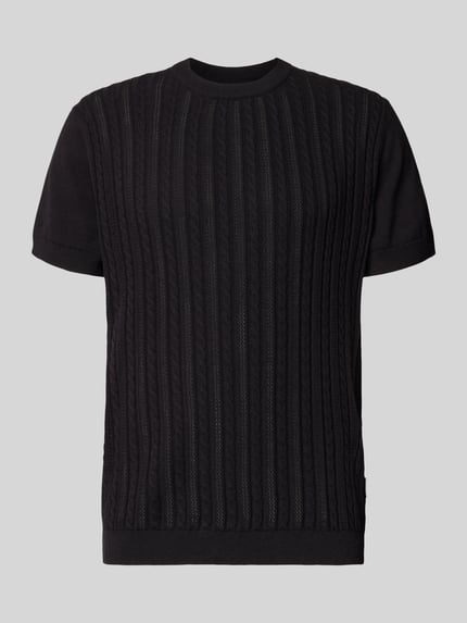 Produktfoto, schwarzes T-Shirt mit Zopfmuster von Lindbergh, reine Baumwolle, gerader Schnitt, Strick-Optik, Rundhalsausschnitt