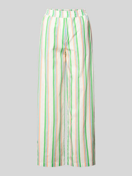 Produktfoto, Hose aus Baumwolle im Allover-Look von Emily Van den Bergh in Weiß mit grün, orange und gelb gestreiftem Muster, Wide-Leg-Pants, elastischer Bund, Reine Baumwolle, Bundweite 40 cm, Innenbeinlänge 77 cm bei Größe 36.