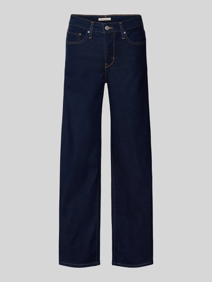 Produktfoto, Wide Fit Jeans mit 5-Pocket-Design von Levi's®, dunkelblauer Baumwoll-Mix mit Stretch-Anteil, lockerer Schnitt, Knopf- und Reißverschluss, Bundweite 37 cm, Innenbeinlänge 74 cm bei Größe 27/32.