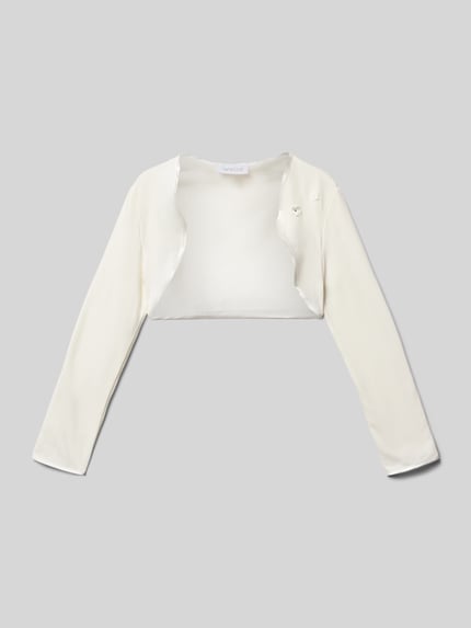 Produktfoto, Regular Fit Bolero mit floralen Applikationen von Weise, cremefarben, Baumwoll-Mix, Bordüre, Kindergrößen, weiche Textur.