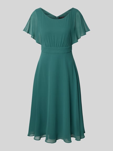 Productfoto, Knielanges Kleid mit Rundhalsausschnitt van Vera Mont in semi-transparant design, getailleerde fit, korte mouwen, ondoorzichtige onderjurk, naadrits, groene kleur, gladde textuur