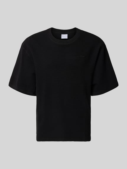 Produktfoto, Relaxed Fit T-Shirt mit Strukturmuster von KARL KANI, Reine Baumwolle, Logo-Stitching, Rundhalsausschnitt, schwarze Farbe