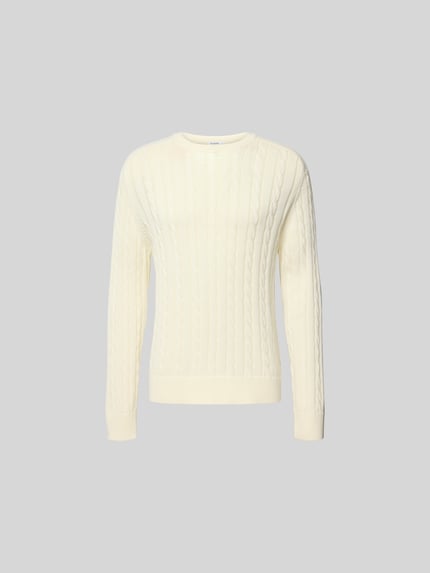 Produktfoto, Slim Fit Pullover in Strick-Optik von Filippa K, sweter z bawełny, krój slim fit, imitacja dzianiny, okrągły dekolt, elastyczne wykończenia, długość tyłu w rozmiarze M: 69 cm