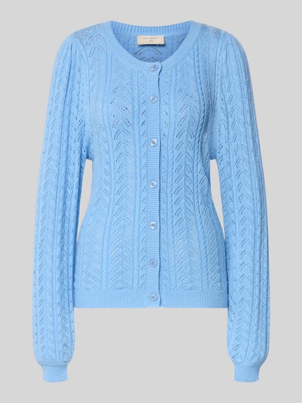 Produktfoto, Strickjacke mit gerippten Abschlüssen Modell 'Clarry' von FREE/QUENT in Hellblau, Viskose-Mix, Regular Fit, Rundhalsausschnitt, Knopfleiste, strukturierte Oberfläche