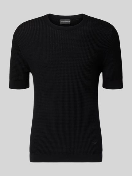 Produktfoto, Slim Fit T-Shirt mit Seiden-Anteil in Strick-Optik von Emporio Armani, tiefschwarz, Baumwoll-Mix, Rundhals, kurze Ärmel, feine Struktur.