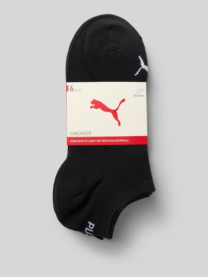 Produktfoto, Socken aus Baumwoll-Mix im 6er-Pack von PUMA für Herren in Schwarz mit weißem Logo, glatt gestrickte Textur, neutrale Ansicht.
