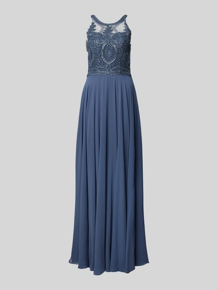 Productfoto, 'Abendkleid mit Ziersteinbesatz' van Mascara in blauw chiffon met florale kanten top, maxi lengte, getailleerde fit, vrouwelijke details