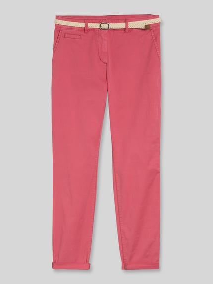Produktfoto, Slim Fit Chino aus Baumwoll-Mix von Tom Tailor in Optik: Unifarben, Kontrast-Nähte, Damen Gürtel, Beinabschluss: Umschlag.