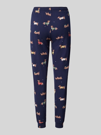 Produktfoto, dunkelblaue Slim Fit Pyjama-Hose aus reiner Baumwolle von Jake*s Casual mit buntem Dackel-Print auf glattem Stoff