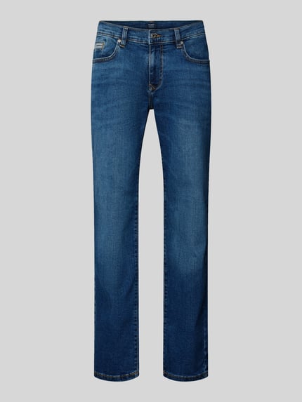 Produktfoto, Regular Fit Jeans mit Eingrifftaschen von MCNEAL, mieszanka bawełny i elastanu, szerokość w pasie 44 cm, długość wewnętrzna nogawki 78 cm, wpuszczane kieszenie, kieszenie z tyłu, kolor niebieski, delikatna tekstura denimu.