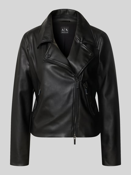 Produktfoto, schwarze Jacke in Leder-Optik von Armani Exchange mit Reverskragen, Zweiwege-Reißverschluss und Reißverschlusstaschen, glatte Textur